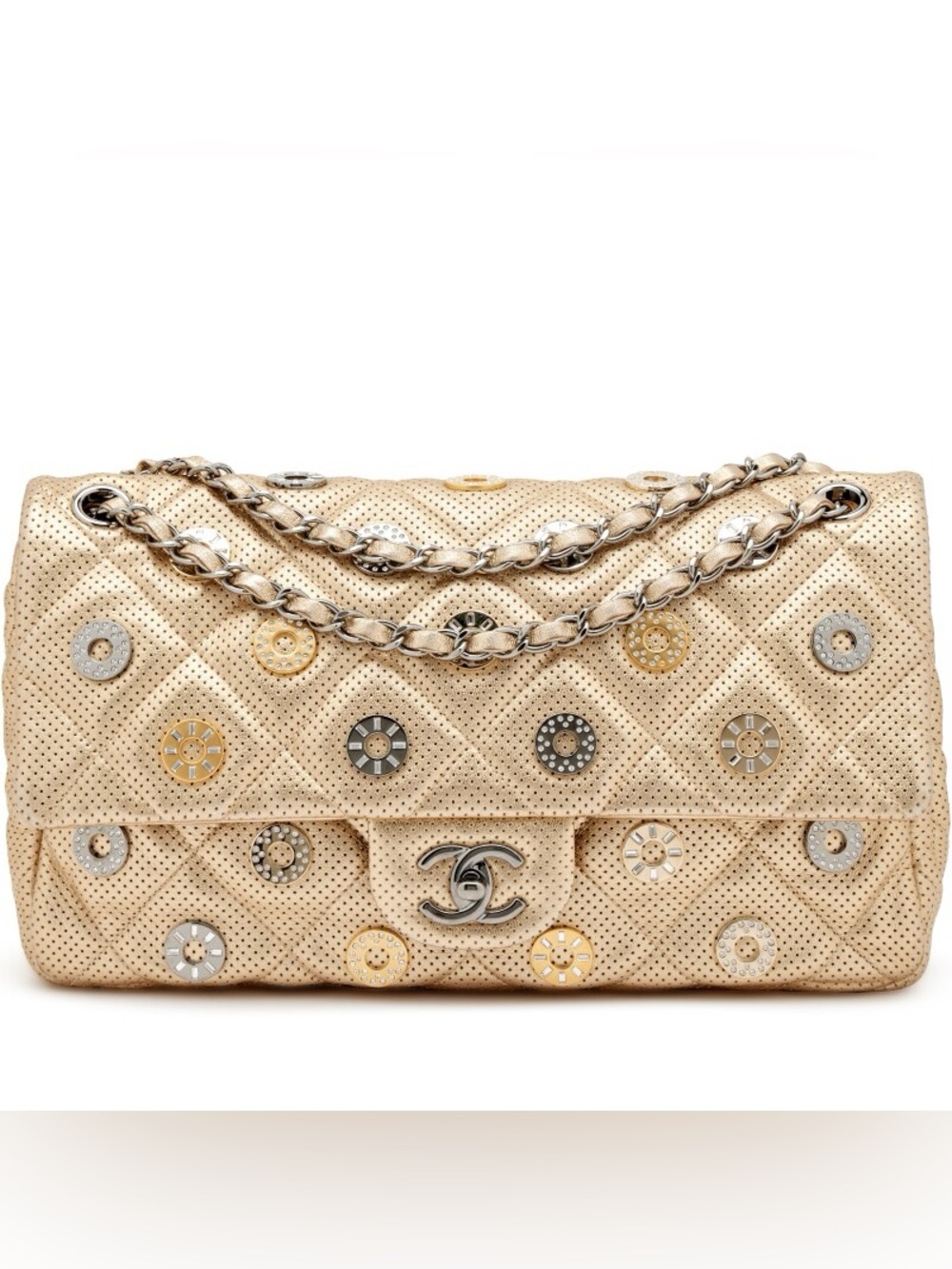 Rare collectible CHANEL Gold Metallic Dubai-Paris Flap Shoulder Bag